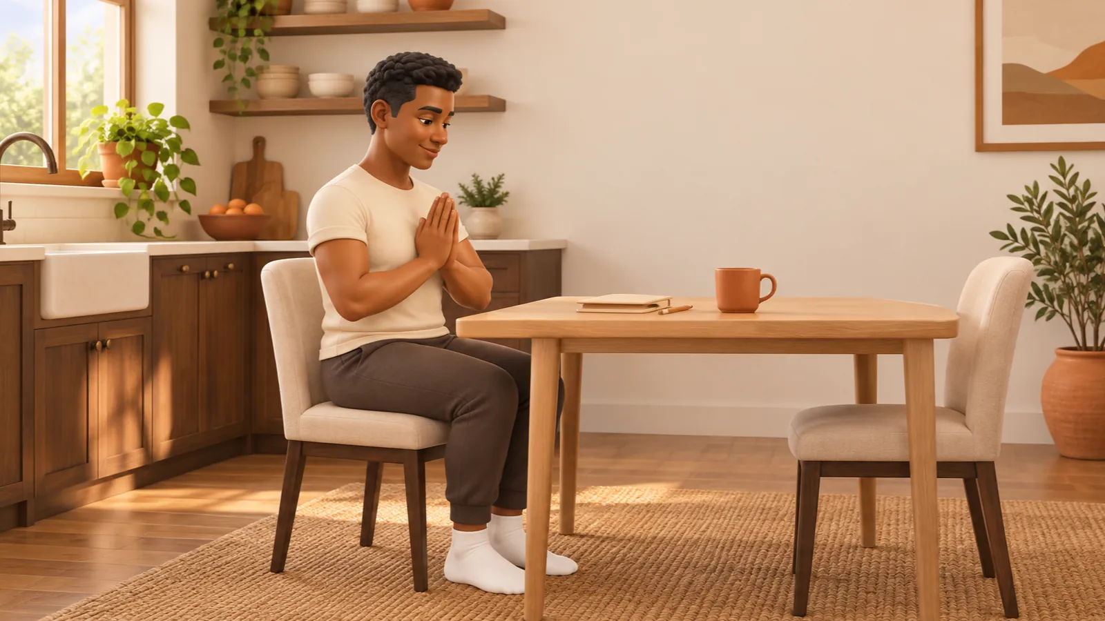 A man seated at a wooden table pressing his palms together in front of his chest in a gentle prayer-position wrist stretch
