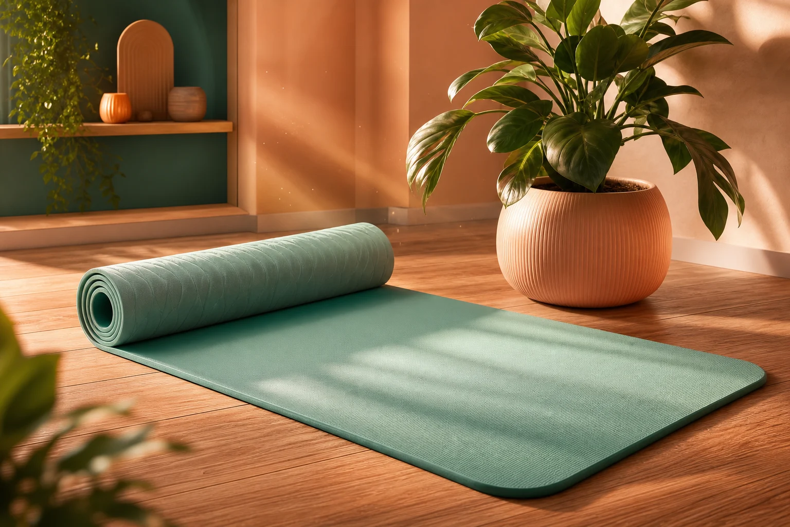 A teal exercise mat unrolled on a wooden floor beside a potted plant in warm morning light