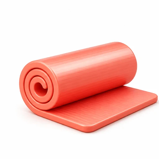 A rolled coral exercise mat with a soft glossy sheen